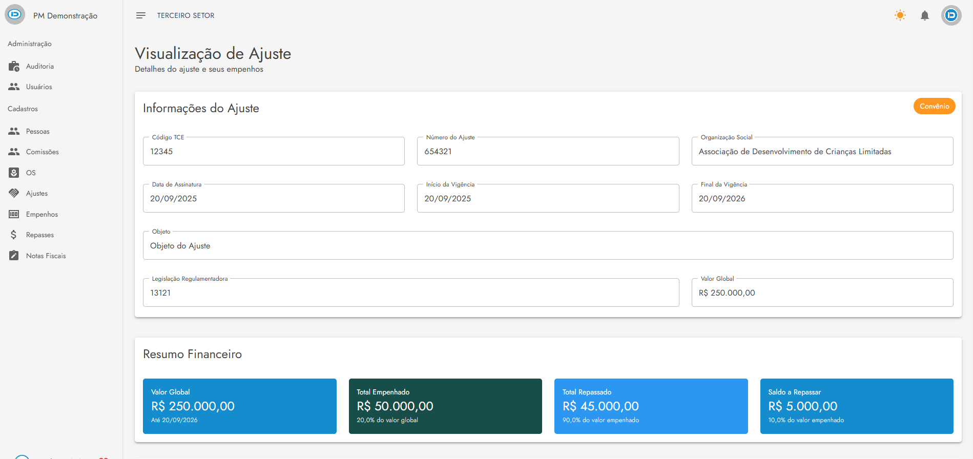 Dashboard da Plataforma Terceiro Setor - Gestão de Ajustes e Resumo Financeiro